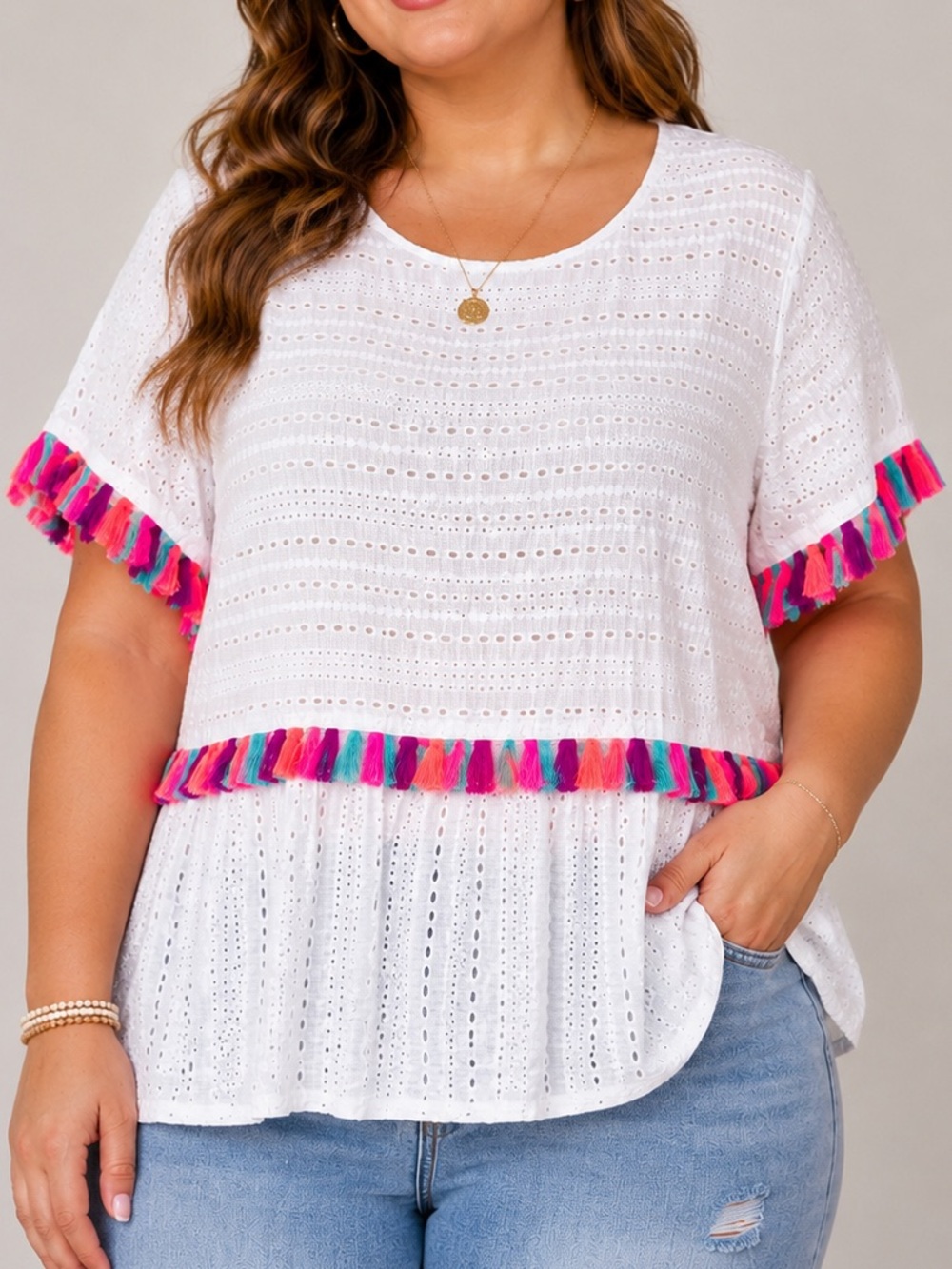 Chic Soul White Eyelet Tassel Top 1X Boho Peplum Blouse